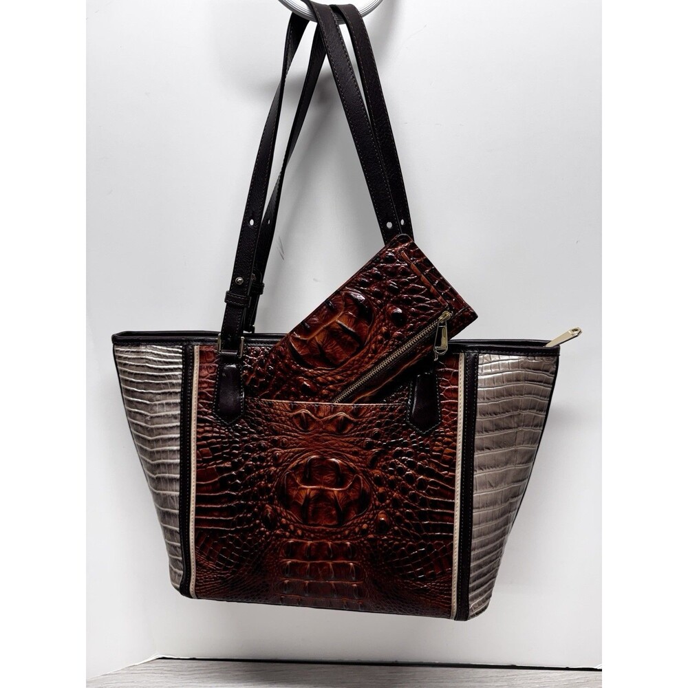 BRAHMIN Medium Asher Pecan Antonia Leather Tote Croc Brown W/Wallet